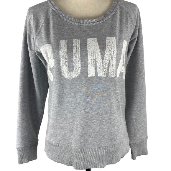PUMA Logo Sweatshirt Gray Dry Cell Long Sleeve Scoopneck Womens Sz Small - Picture 1 of 12